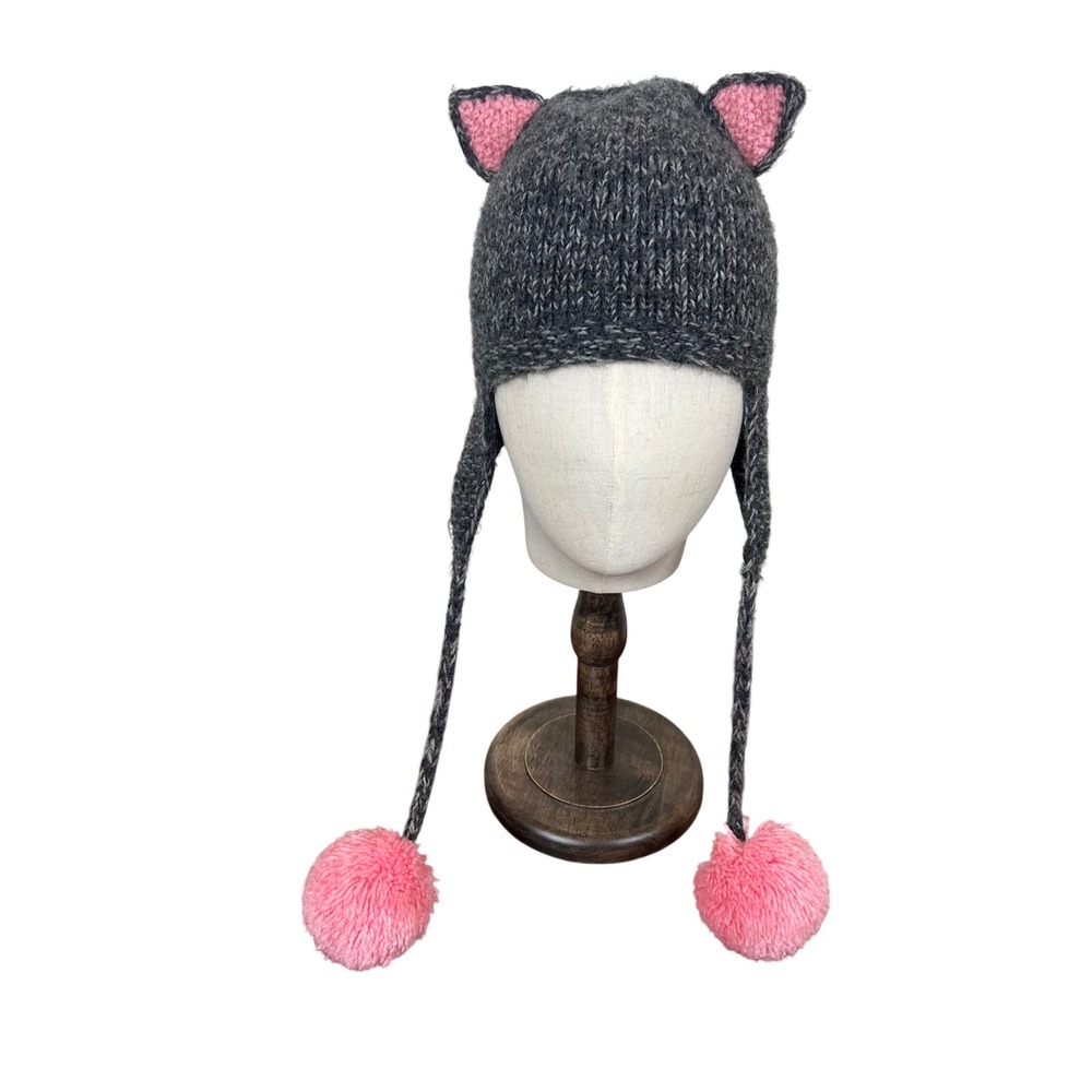 Andes Gifts Kids Cat Earflap Beanie Alpaca Blend Grey Pink Pom Pom Hat Peru